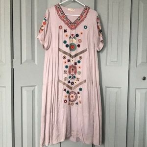 Embroidered maxi dress. Boho lavender tiered dress